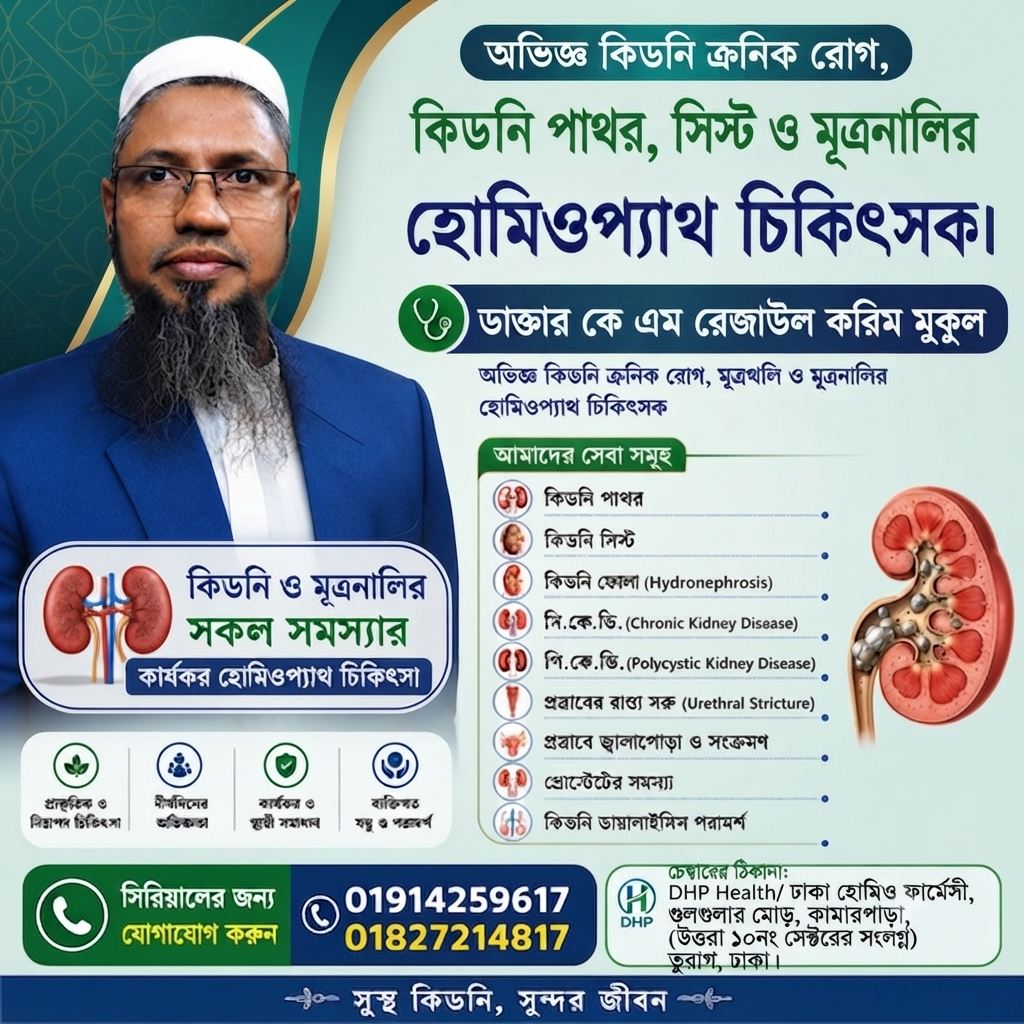 কিডনি পাথর, কিডনি সিস্ট, CKD ও মূত্রনালীর সমস্যায় হোমিওপ্যাথিক চিকিৎসা ও পরামর্শ – ডা. কে এম রেজাউল করিম মুকুল