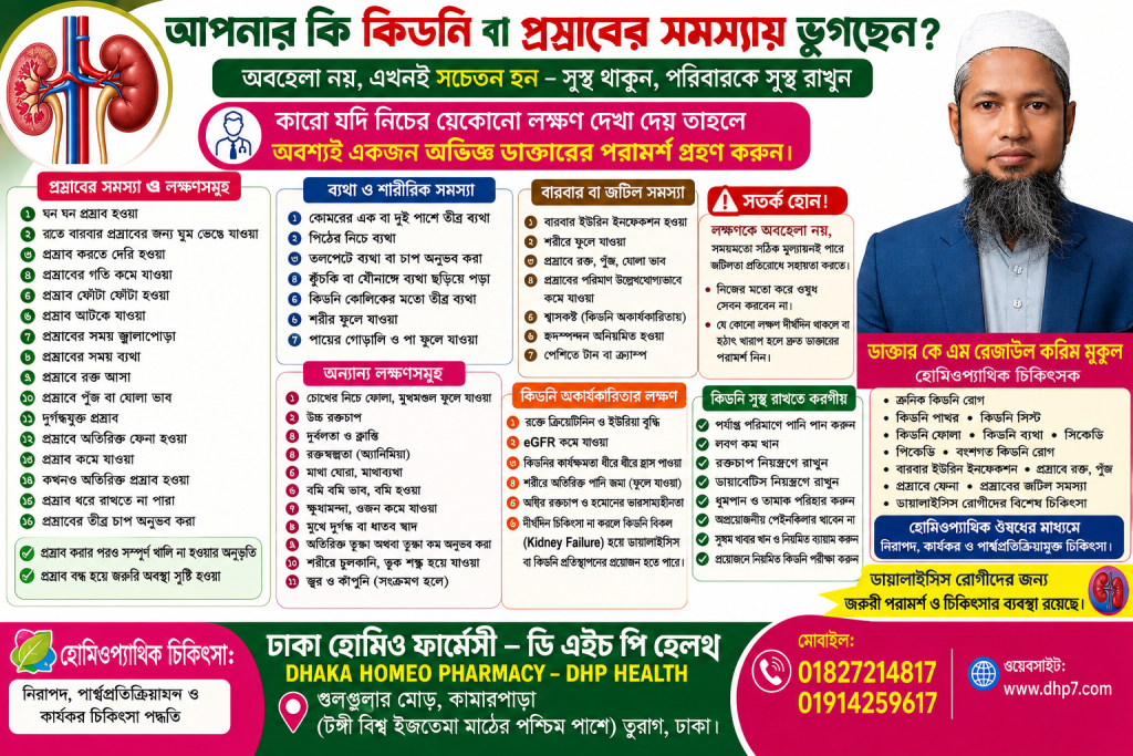 কিডনি ও প্রস্রাবের সমস্যার লক্ষণ ও হোমিওপ্যাথিক চিকিৎসা – ঢাকা হোমিও ফার্মেসী DHP Health